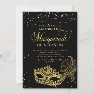 Invitation Photo Or Noir Paillettes Mascarade Quinceañera
