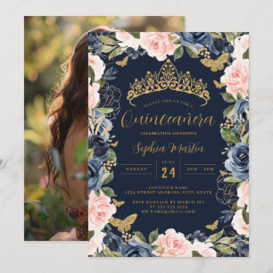 Invitation Photo Or Rose Navy Floral Papillon Quinceanera