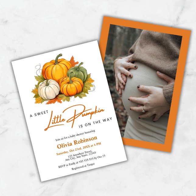 Invitation Photo Orange Automne Un Petit Baby shower Citrouil (Photo Orange Autumn A Little Pumpkin Baby Shower Invitation  )