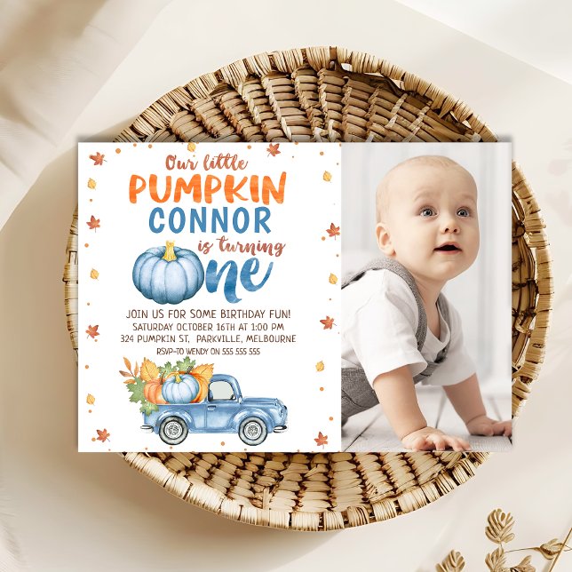 Invitation Photo Orange Blue Little Citrouille 1er anniversai (Pumpkin 1st Birthday Invitation, Little Pumpkin 1st Birthday Invitation Template Boy, Pumpkin Truck )