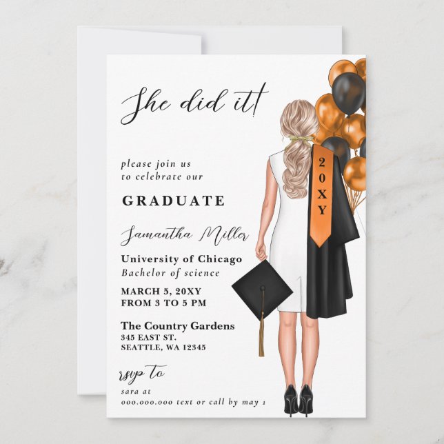 Invitation Photo Orange Moderne Elle L'A Fait Diplôme (Devant)