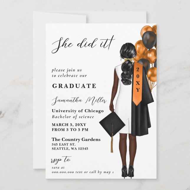 Invitation Photo Orange Moderne Elle L'A Fait Diplôme (Devant)