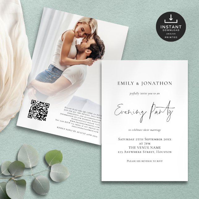Invitation Photo Overlay Script QR Soirée Mariage (Front and back view)