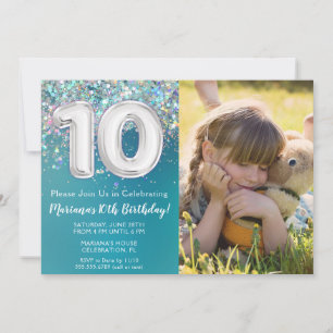 Invitation Photo Pailleté Argent Bleu Vert 10e Anniversaire