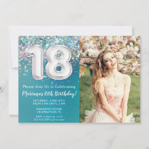 Invitation Photo Pailleté Argent Bleu Vert 18e Anniversaire