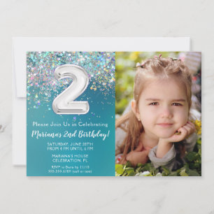 Invitation Photo Pailleté Argent Bleu Vert 2e Anniversaire