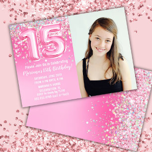 Invitation Photo Pailleté Rose 15e Anniversaire