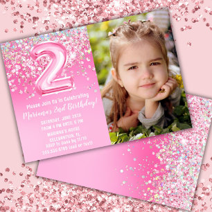Invitation Photo Pailleté Rose 2e Anniversaire