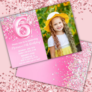 Invitation Photo Pailleté Rose 6ème Anniversaire