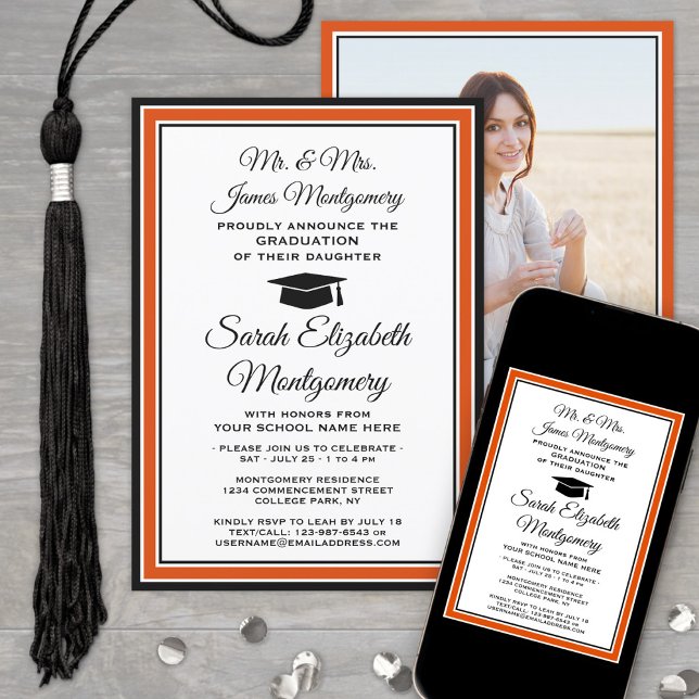 Invitation Photo & Parents Noms Orange et Black Graduation (Créateur téléchargé)