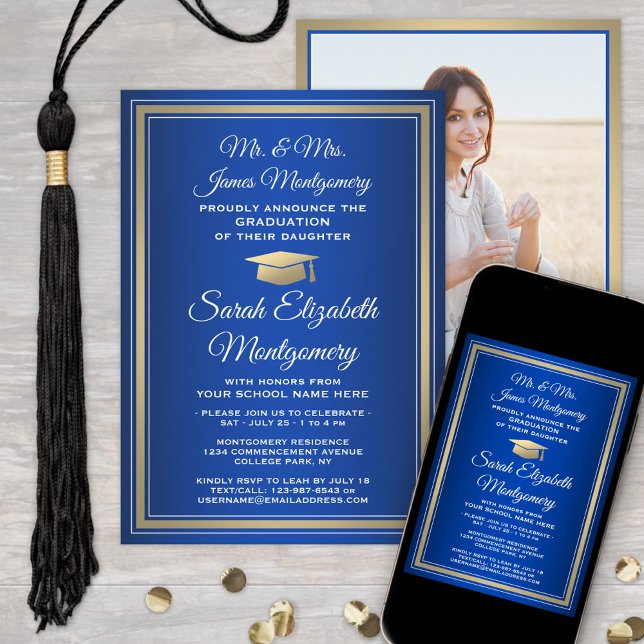 Invitation Photo & Parents Noms Royal Blue Graduation Party (Créateur téléchargé)