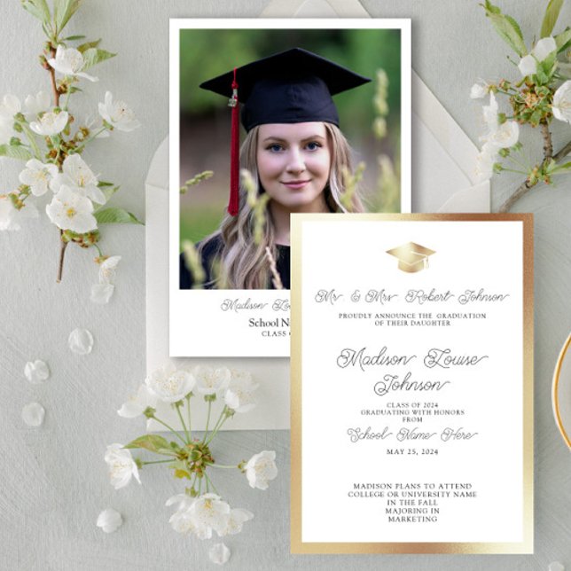 Invitation Photo Parents White Black & Gold Graduation (Marking Milestones with Grace. #GradSuccess)