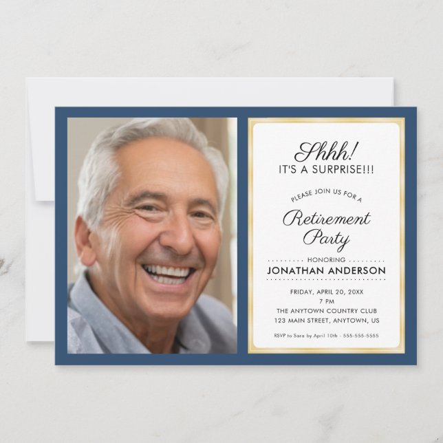 Invitation Photo Parti de retraite surprise | Bleu et or (Devant)
