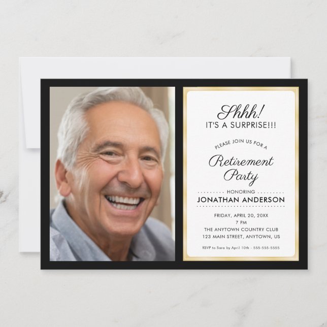 Invitation Photo Parti de retraite surprise | Noir et or (Devant)