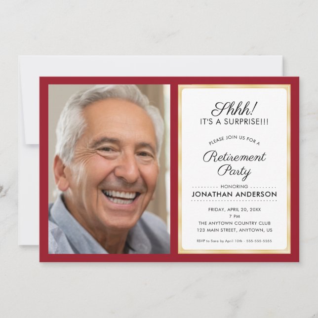 Invitation Photo Parti de retraite surprise | Rouge et or (Devant)