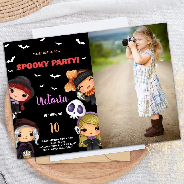 Invitation Photo Parti Éffrayant Black Halloween Anniversaire (Photo Spooky Party Black Halloween Birthday Invitation)