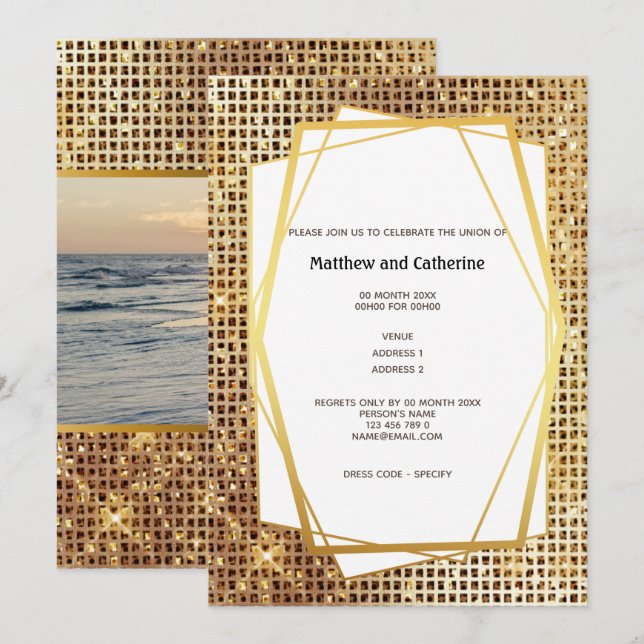 Invitation Photo parties scintillant or cadre géométrique do- (Devant / Derrière)