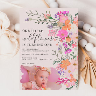 Invitation Photo pastel fleur sauvage printemps 1er anniversa