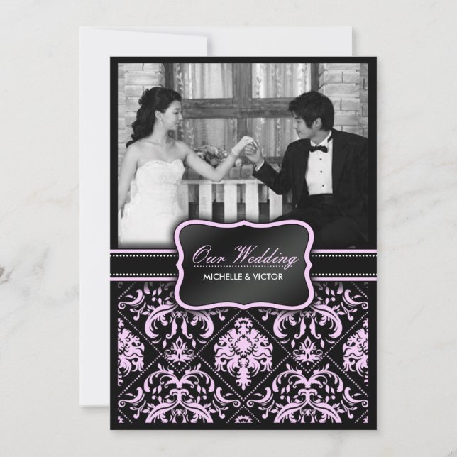 Invitation Photo Pastel Pink et Black Mariage damassé (Devant)