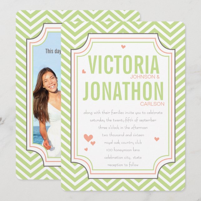 Invitation Photo Peach Lime Zig Zag Mariage de typographie (Devant / Derrière)