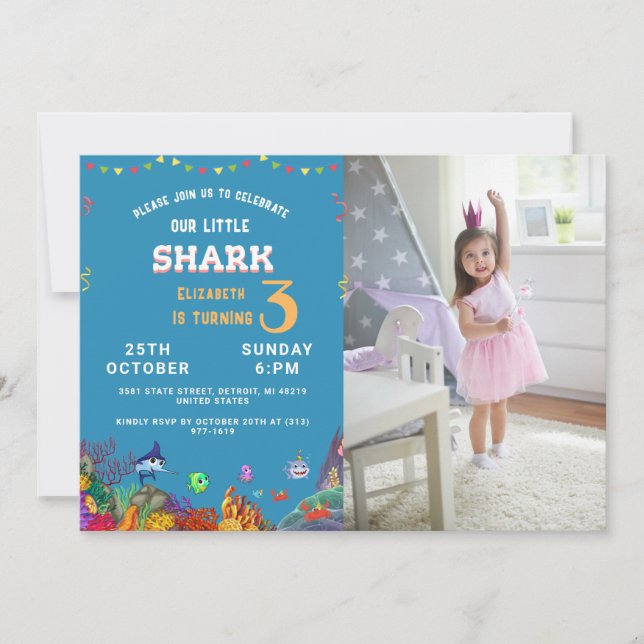 Invitation Photo personnalisable couleur petit requin Anniver (Devant)