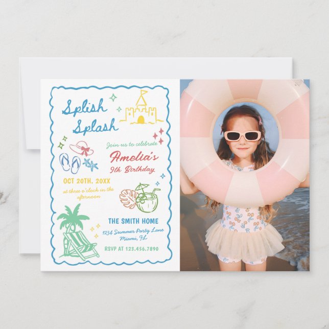 Invitation Photo personnalisé Splish Splash été amusant dessi (Devant)
