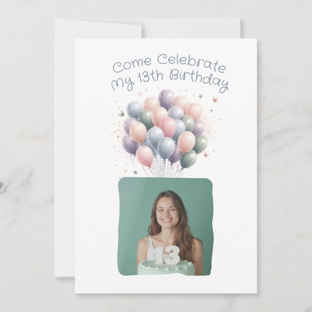 Invitation Photo personnalisée 13e ballons d'anniversaire (Devant)