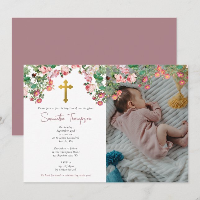 Invitation Photo personnalisée Aquarelle Rose Jardin Fille Ba (Devant / Derrière)