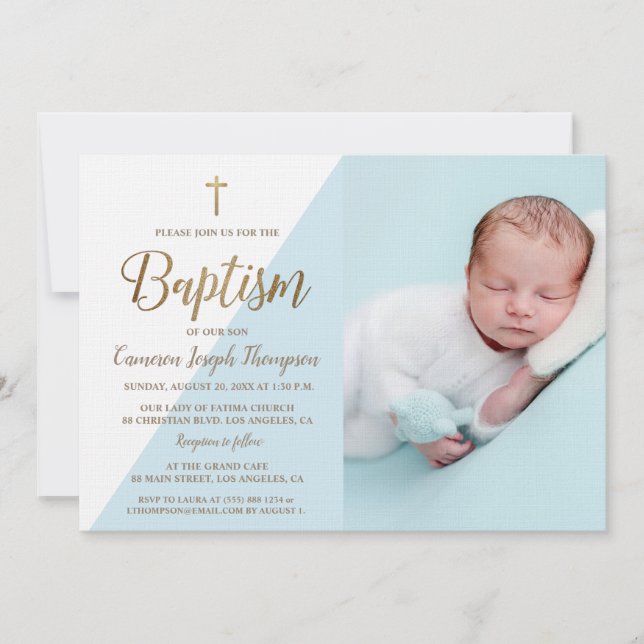 Invitation Photo personnalisée Baby Boy Baptism Gold Croix bl (Devant)