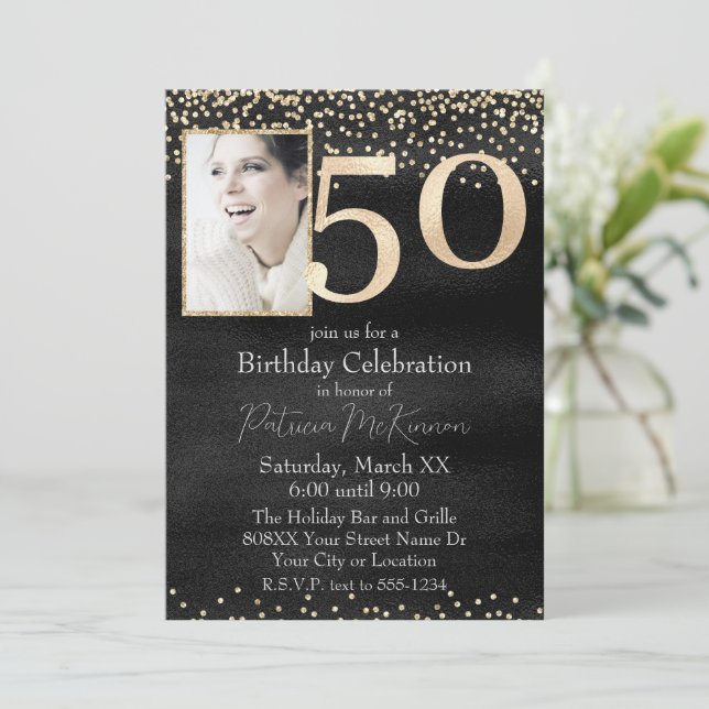 Invitation Photo personnalisée Black and Gold 50e anniversair (Debout devant)