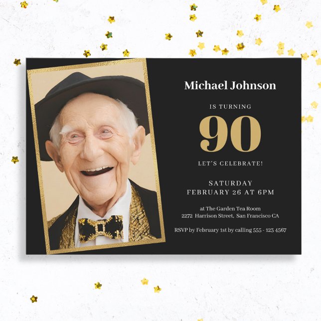 Invitation Photo personnalisée Black and Gold 90th Birthday P (Mock Up View)