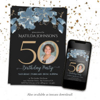 Photo personnalisée Blue Gold Floral 50e anniversa