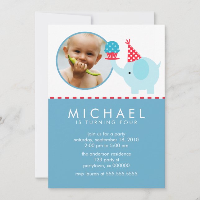 Invitation Photo personnalisée Cute Elephant et Cupcake (Devant)