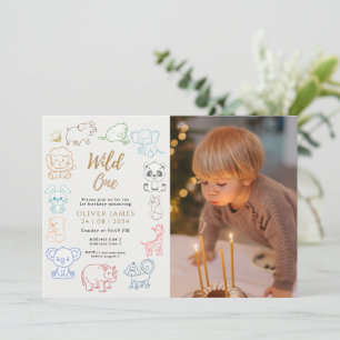 Invitation Photo personnalisée Doodle Party Animaux 1er anniv