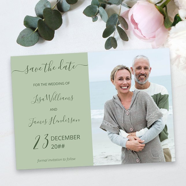 Invitation Photo personnalisée en deux tonalités Green Sage E (Green Wedding Save the Date with Photo)