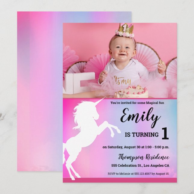 Invitation Photo personnalisée en rose Unicorne magique 1er a (Devant / Derrière)