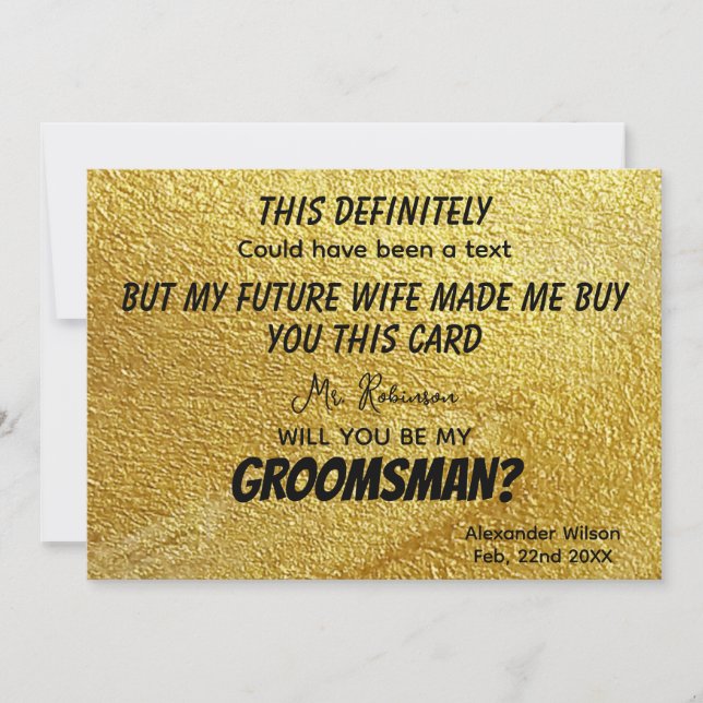 Invitation Photo Personnalisée Funny Modern Gold Groomsmen (Devant)