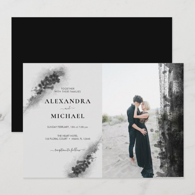 Invitation Photo personnalisée Lavander noir Mariage Floral (Devant / Derrière)