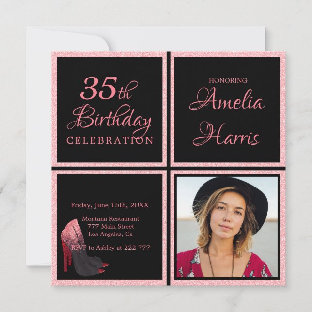 Invitation Photo personnalisée Parties scintillant rose (Devant)