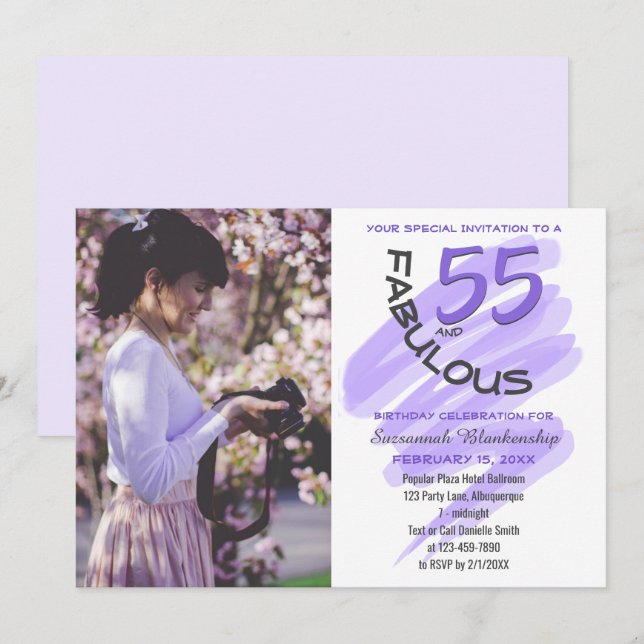 Invitation Photo personnalisée Purple 55 et Fabulous Party (Devant / Derrière)