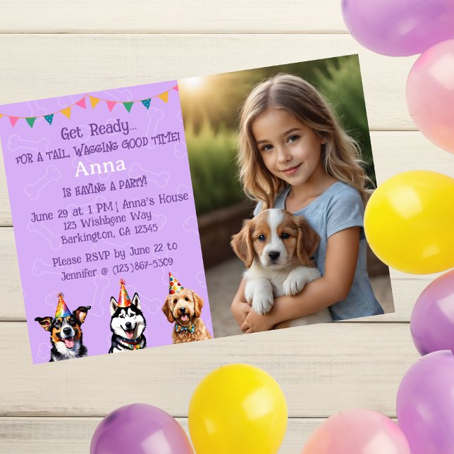Invitation Photo personnalisée Purple Chiot Anniversaire Paw  (Créateur téléchargé)