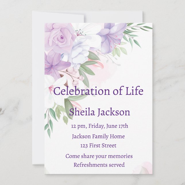 Invitation Photo personnalisée Roses blanches violettes fleur (Devant)