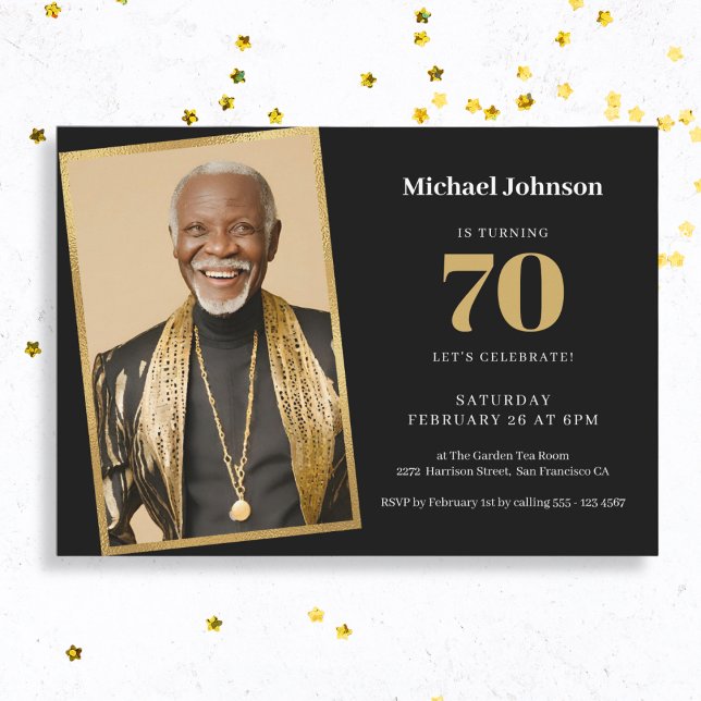 Invitation Photo personnalisée Simple Black Gold 70e fête d'a (Mock Up View)