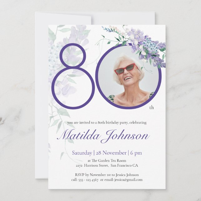 Invitation Photo personnalisée Wisteria Floral Purple 80e ann (Devant)