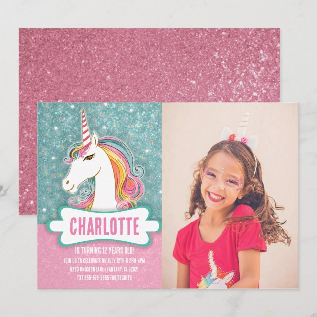Invitation Photo Pink and Blue Unicorn Anniversaire Party (Devant / Derrière)
