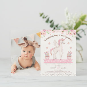 Invitation Photo Pink Cream Unicorn Magique Jour 1er Annivers