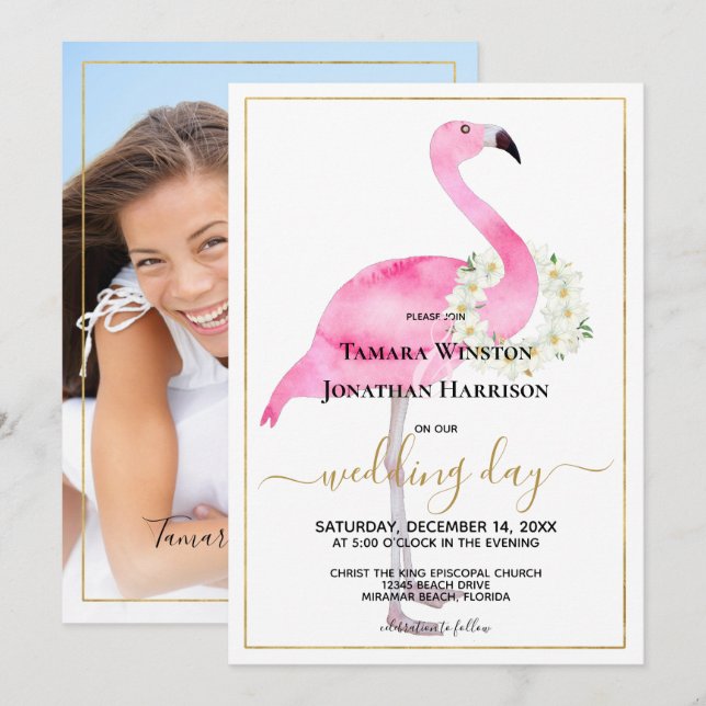 Invitation Photo Pink Flamingo Magnolias Beach Wedding (Devant / Derrière)