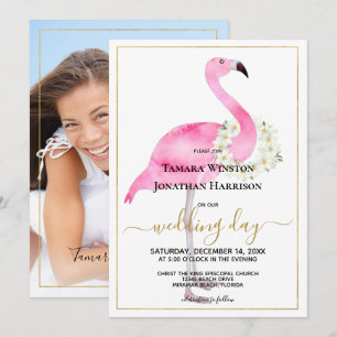 Invitation Photo Pink Flamingo Magnolias Beach Wedding