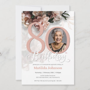Invitation Photo Pink Floral 80e anniversaire