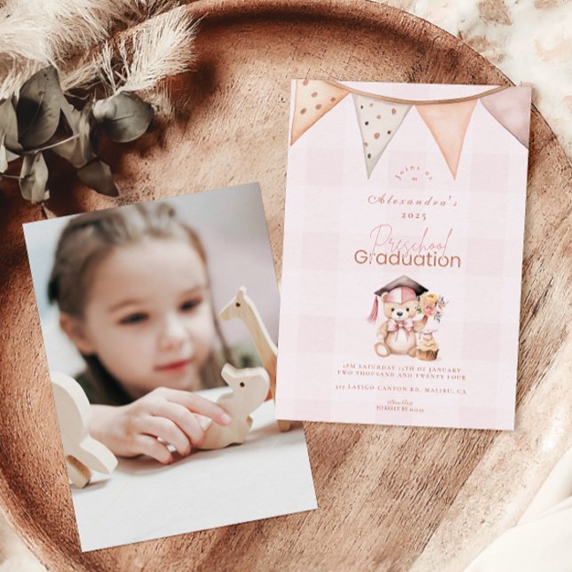 Invitation Photo Pink Preschool Teddy Bear Graduation (Créateur téléchargé)
